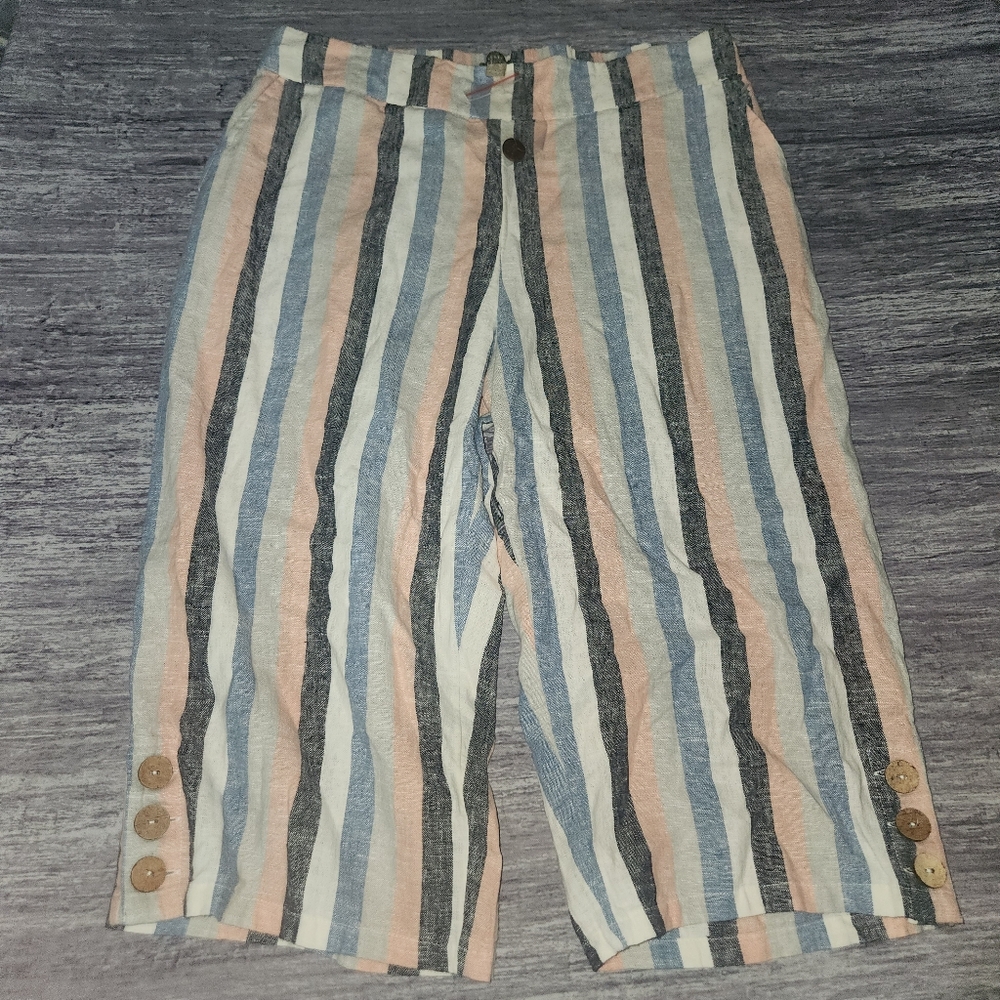 Naturals Denim & Co. NWOT Women's Pants Linen Blend Skimmers Capri Stripe Medium